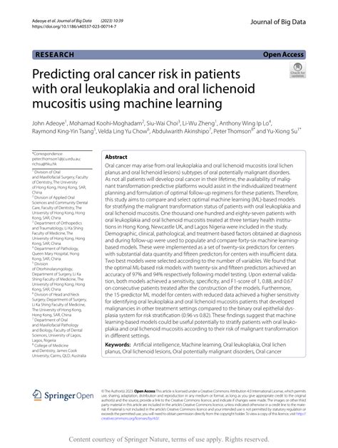 Pdf Predicting Oral Cancer Risk In Patients With Oral Leukoplakia And