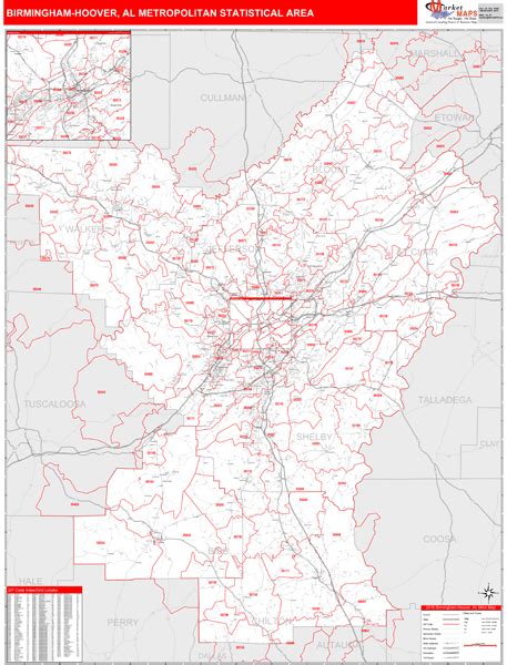Birmingham Hoover Al Metro Area Wall Map Red Line Style By Marketmaps