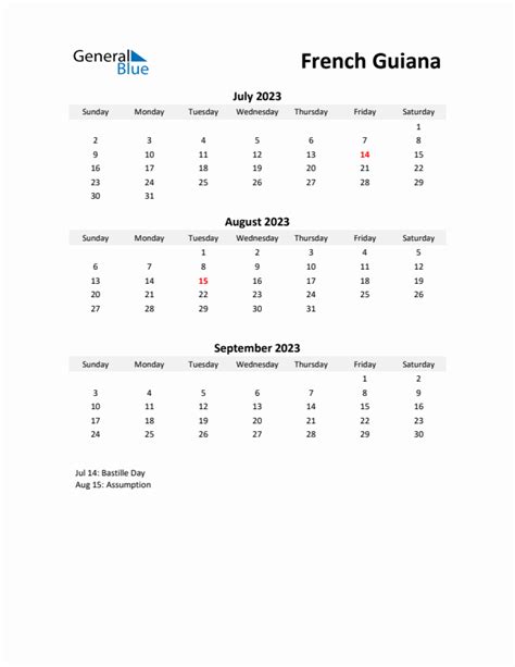 Printable Quarterly Calendar With Notes And French Guiana Holidays Q3