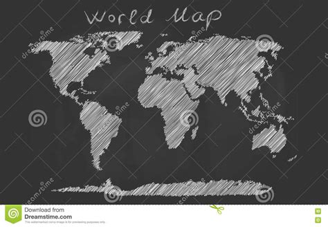 World Map Hand Drawn Chalk Sketch On A Blackboard Stock Illustration