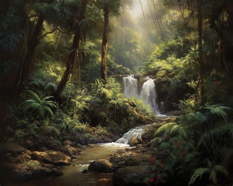 Premium Ai Image A Painting Of A Waterfall In The Rainforest
