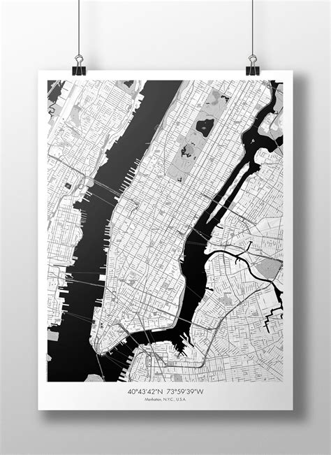 Manhattan Map Poster Bw 18x24 New York City 0 Manhattan Map Nyc Map Map Poster