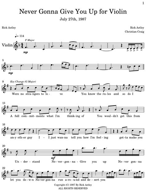 Never Gonna Give You Up For Violin Sheet Music For Violin