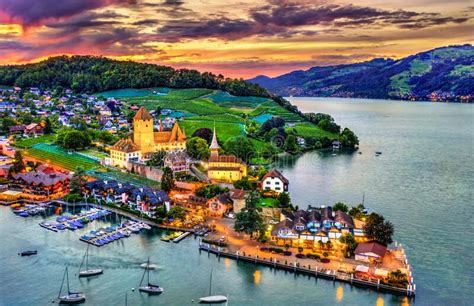 Spiez Castle On Lake Thun In Switzerland Stock Image Image Of Night