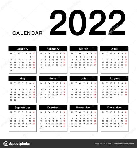Year 2022 Calendar Horizontal Vector Design Template Simple Clean
