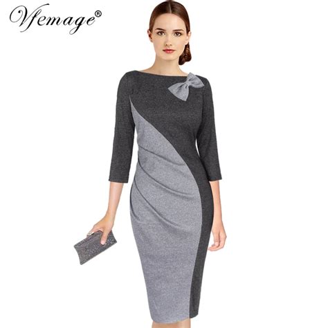 Vfemage Womens Elegant Ruched Bow Contrast Patchwork 3 4 Sleeve Vintage Pinup Work Office Party