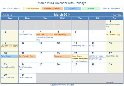 Print Friendly March 2014 Us Calendar For Printing