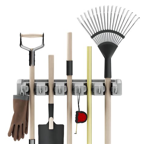 Shovel, Rake and Tool Holder with Hooks- Wall Mounted Organizer for