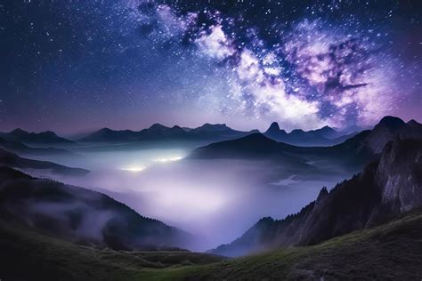 Milky Way Over Mountains In Fog At Night In Summer Landscape With