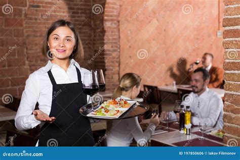 Pretty Female Waiter Showing Country Restaurant Stock Photo Image Of