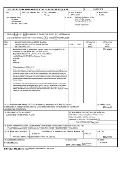 Dd Form 448 Military Interdepartmental Purchase Request Printable Pdf