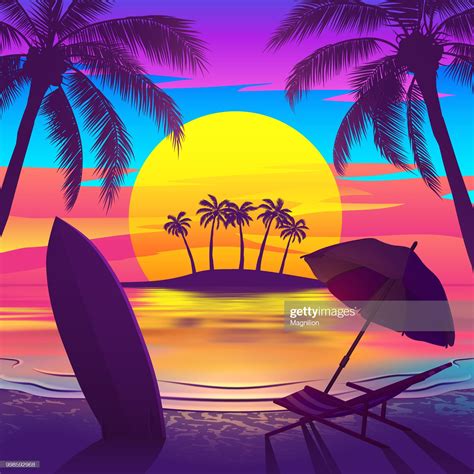 Tropical Beach At Sunset With Palm Trees Chaise Longue Surfboard Beach Illustration Surf