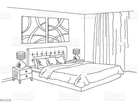 Bedroom Black White Graphic Interior Sketch Illustration Vector Stock