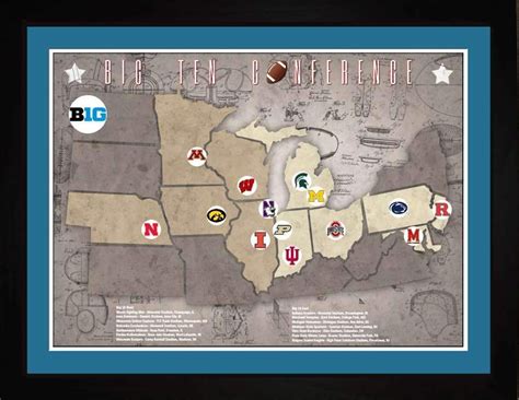 Big10 College Football Stadiums Teams Location Tracking Map 24x18