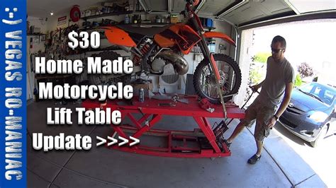 The motorcycle lift table was made with some really affordable materials, including some old shop overall, wood can be more affordable to build than steel. Home made Wood Hydraulic motorcycle lift - work table - 6 months later - YouTube