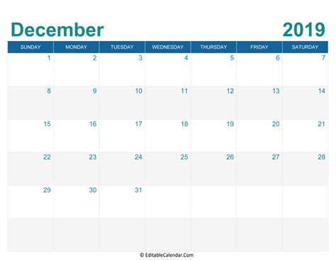 December 2019 Editable Calendar With Holidays