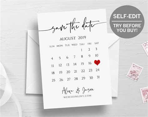 Calendar Save The Date Template Editable Invite Simple And