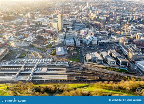 Aerial View Of Sheffield City Centre Skyline At Sunset Stock Photo