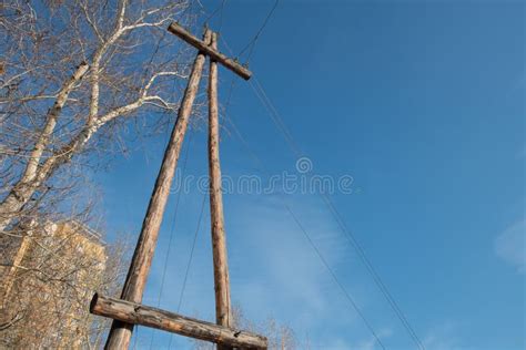 Wooden Poles Support Power Transmission Lines Stock Image Image Of