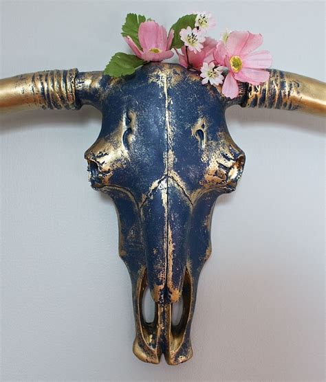 Bull Skull Faux Taxidermy Blue Brass Cow Head Wall Mount Texas Etsy