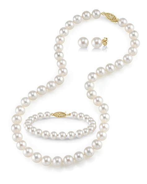14k Gold 8 9mm White Freshwater Cultured Pearl Necklace Bracelet And Earrings Set 18 Aaa