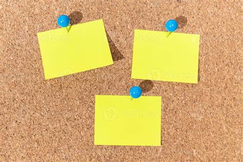 Group Of Yellow Sticky Notes On A Cork Board For Adding Text Template
