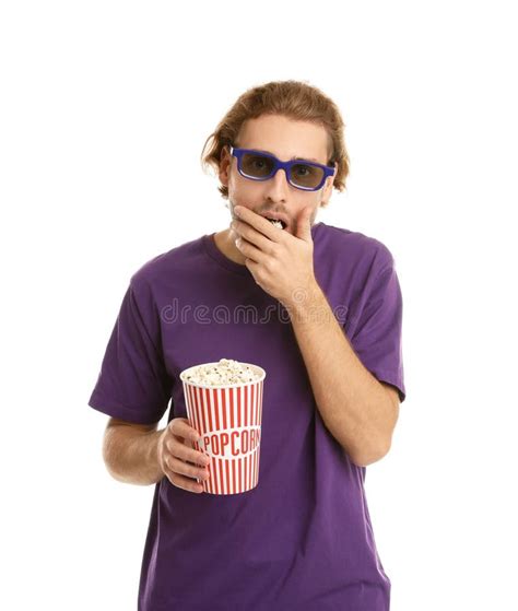 Man With 3D Glasses And Popcorn During Cinema Show Stock Photo Image