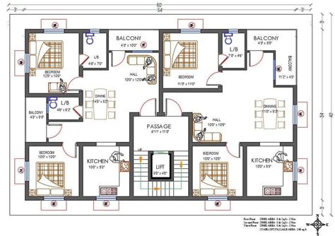 60x40 North Facing 2 Bhk House Apartment Layout Plan Dwg File