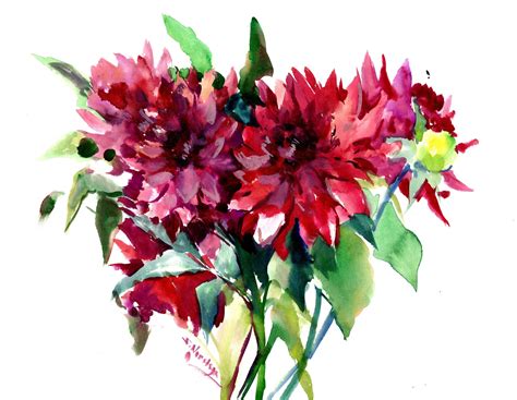 Dark Red Dahlias Ori Original Watercolor Painitng Dahlia Etsy