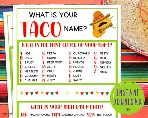 Whats Your Taco Name Game Cinco De Mayo Mexican Party Games Etsy