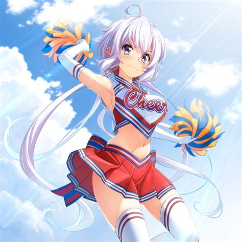 Safebooru 1girl Ahoge Arm Up Armpits Blue Sky Blush Breasts Cheerleader Clouds Elbow Gloves