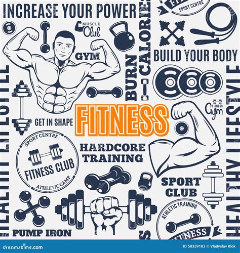 Typographic Vector Fitness Gym Seamless Pattern Or Background Stock