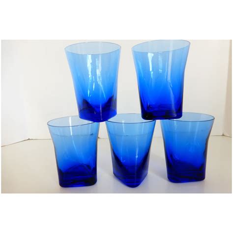 Mid Century Cobalt Blue Art Glass Tumblers Hand Blown Set Of 5