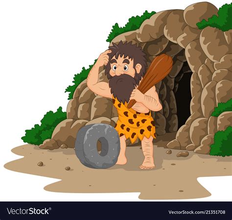 Cartoon Caveman Inventing Stone Wheel With Cave Ba