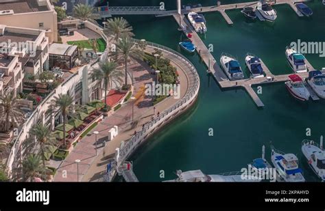 Dubai Marina Waterfront With Promenade Aerial Timelapse Dubai Uae