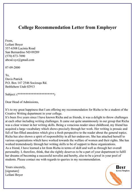 College Recommendation Letter Template Collection Letter Templates
