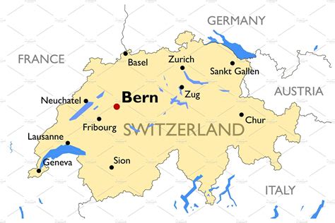 This map shows cities, towns, villages, highways, main roads, secondary roads, railroads, airports, landforms, ski resorts and points of interest in switzerland. Switzerland map ~ Illustrations ~ Creative Market