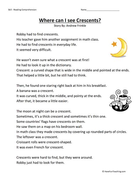 Where Can I See Crescents Reading Comprehension Worksheet • Have Fun