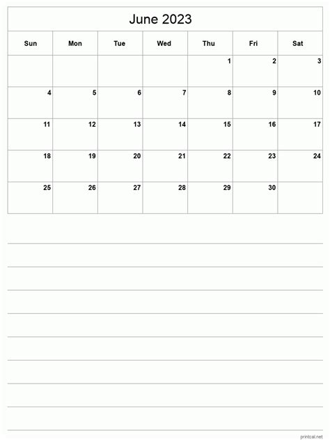 Printable June 2023 Calendar Half Page With Notesheet