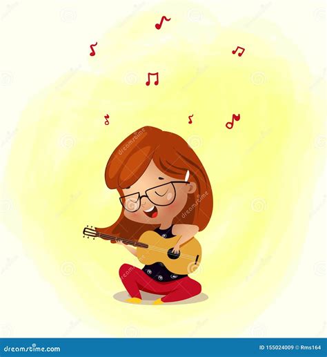 Cute Little Girl Playing Guitar Instrument With Happy Face Expression