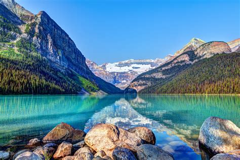 Lake Louise With Mount Victoria Glacier In Banff National Park Stock