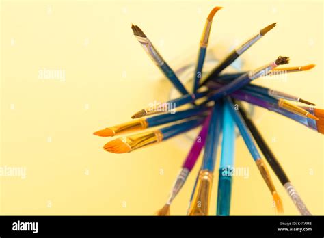 Paint Brushes Isolated Used Artist Tools With Copy Space Stock Photo