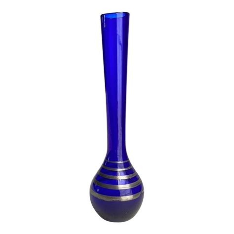 Vintage Cobalt Blue Art Glass Bud Vase Sterling Silver Overlay Stripe Chairish