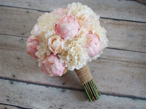 Peony Rose And Hydrangea Ivory And Blush Wedding Bouquet With Burlap W