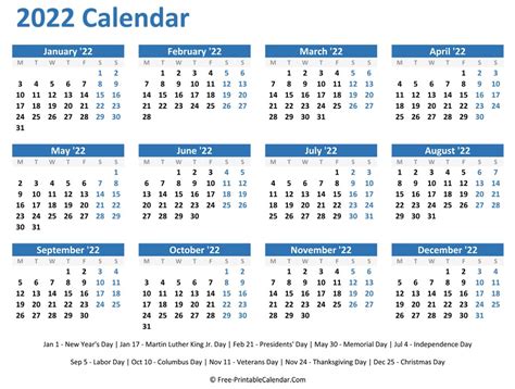 2022 Printable Calendar With Holidays Free Printable Calendar Monthly