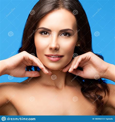 Woman With Naked Shoulders On Blue Stock Image Image Of Fashion
