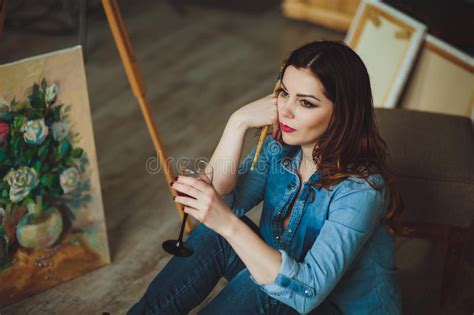 Woman Artist Painting A Picture In A Studio Stock Image Image Of