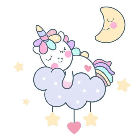 Cute Unicorn Vector Sleeping On Pastel Cloud Vector Premium Download