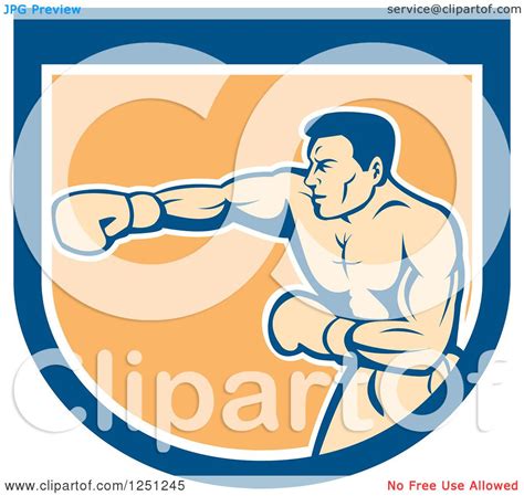 Clipart Of A Retro Male Boxer Punching In A Blue White And Orange