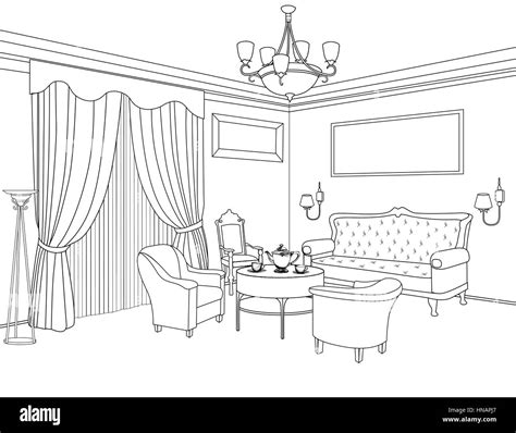Interior Outline Sketch Furniture Blueprint Architectural Design